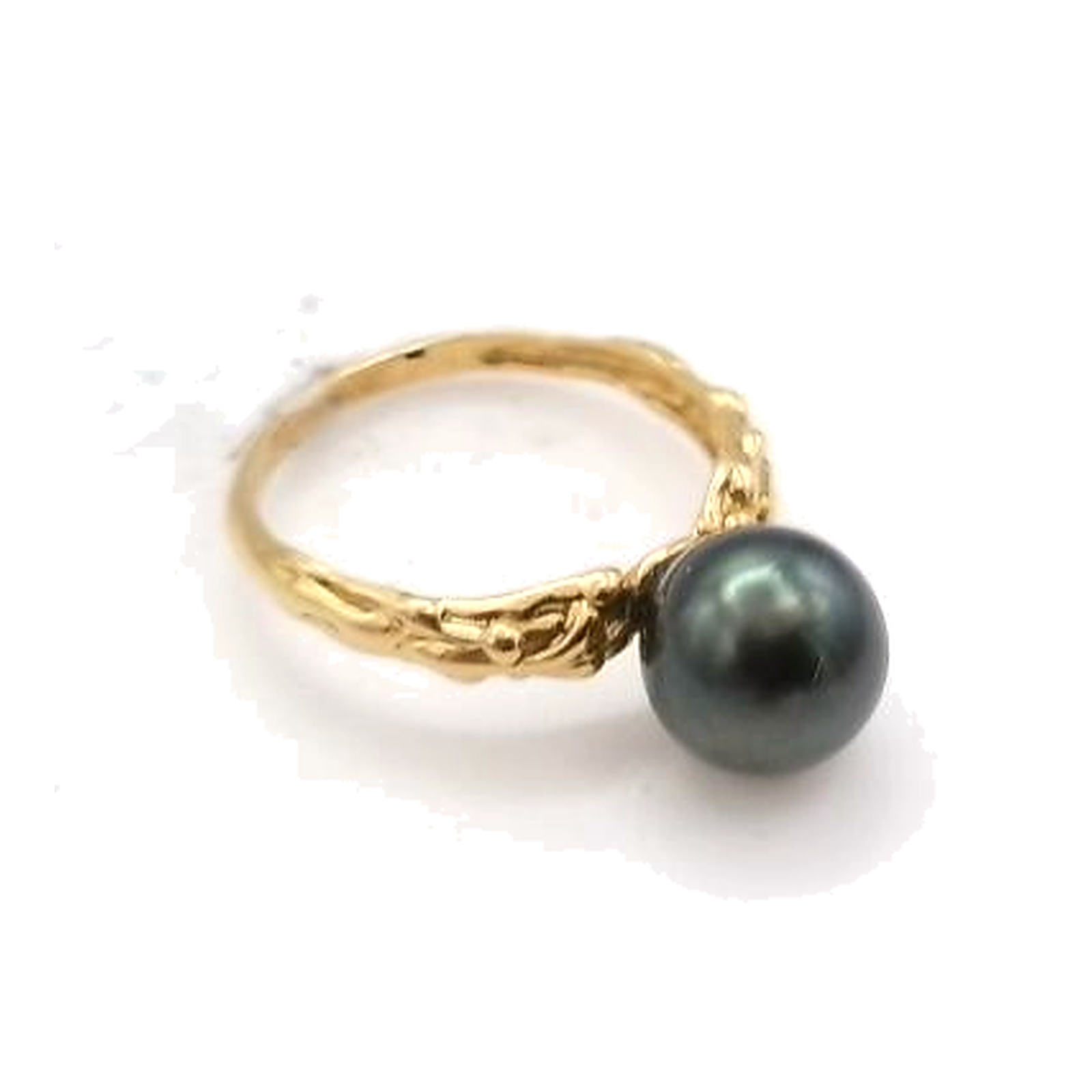 bague or jaune travailler marbrée avec perle de tahity vert — vue 5