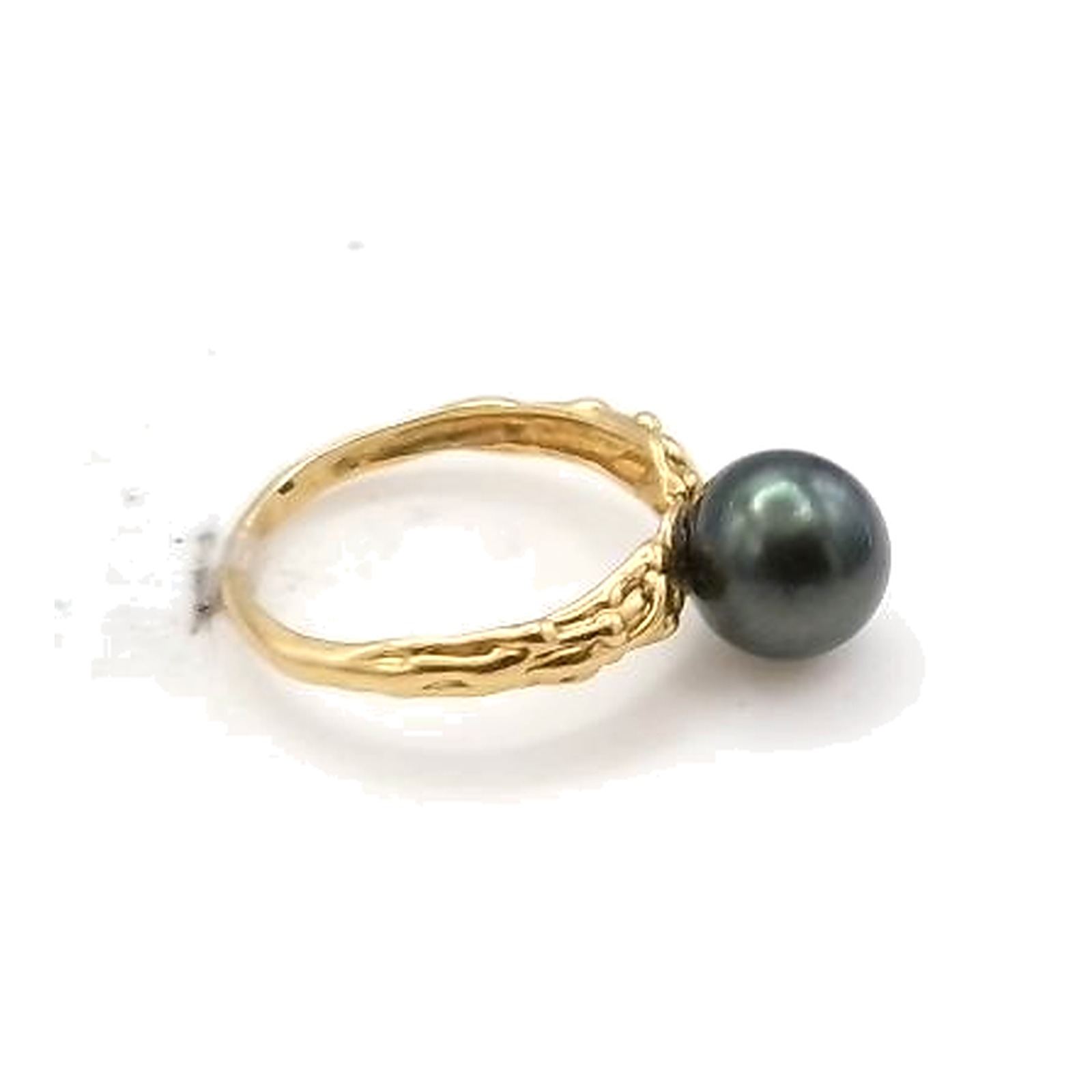bague or jaune travailler marbrée avec perle de tahity vert — vue 6