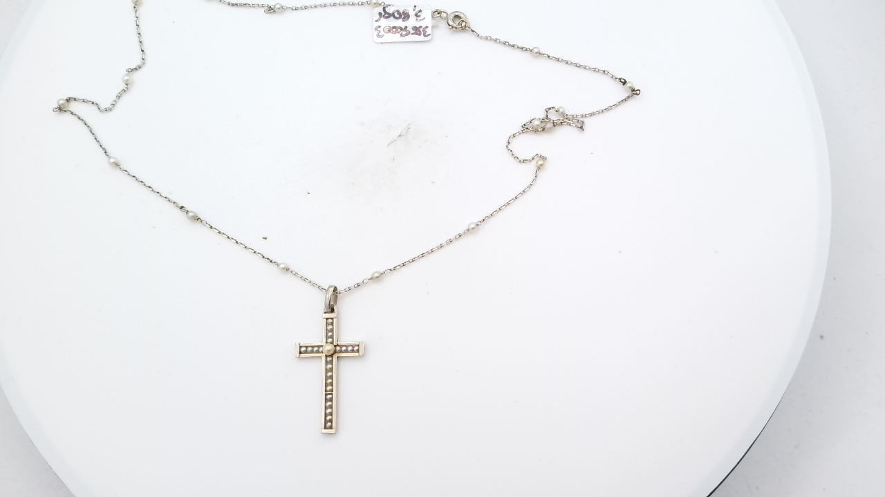 collier avec croix chretienne de 1930 et perle fine — vue 6