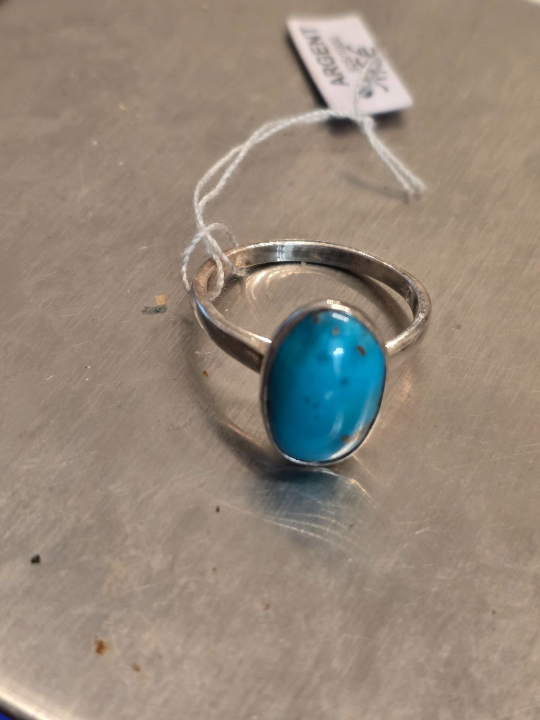 Bague turquoise argent 925 sertis clos ovale — vue 2