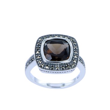 Bague en Argent 925 (Quartz fumé - Marcassites)