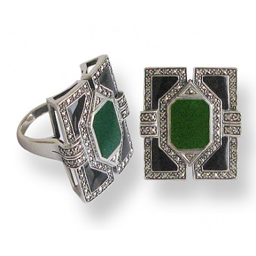 Bague en Argent 925 (Agate verte - Email noir - Marcassites)