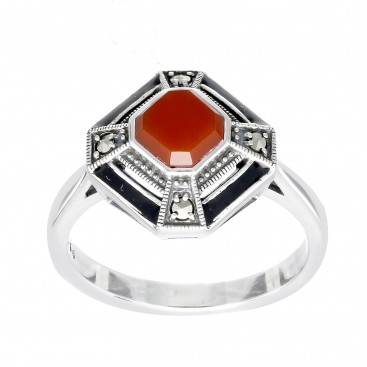 Bague en Argent 925 (Cornaline- Email noir - Marcassites)