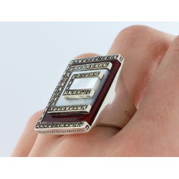 Bague en Argent 925 (Cornaline - Nacre - Marcassites) — vue 4