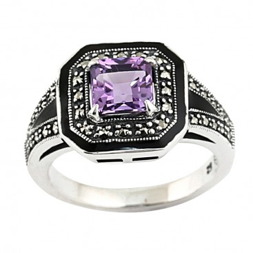 Bague en Argent 925 (Améthyste - Email noir - Marcassites)