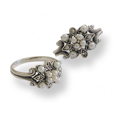 Bague en Argent 925 (Perles de culture - Marcassites)