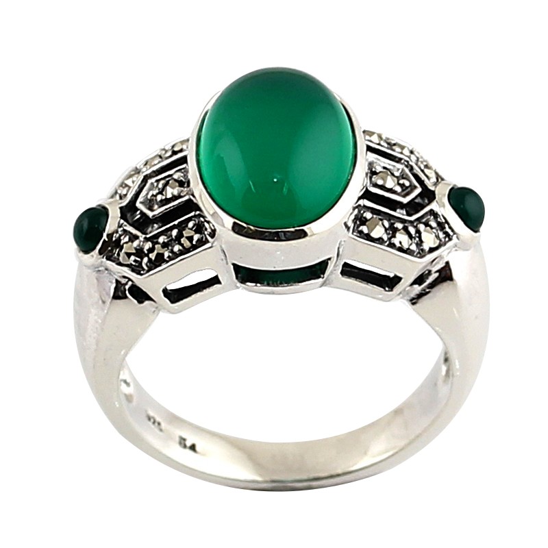 Bague Argent 925 · Agate verte & Marcassites