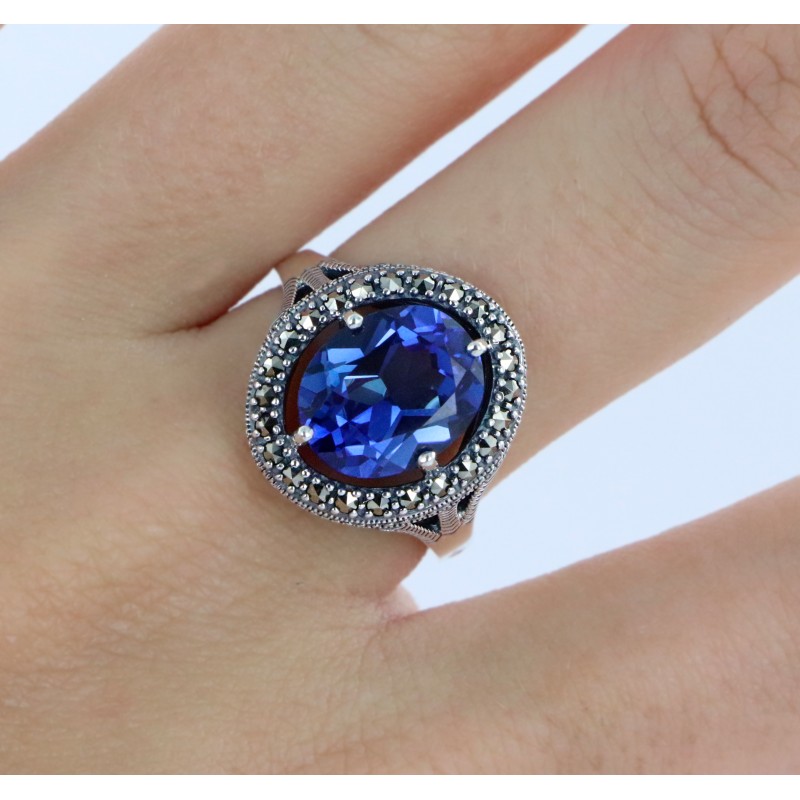 Bague Argent 925 · Imitation Saphir Marcassites — vue 2