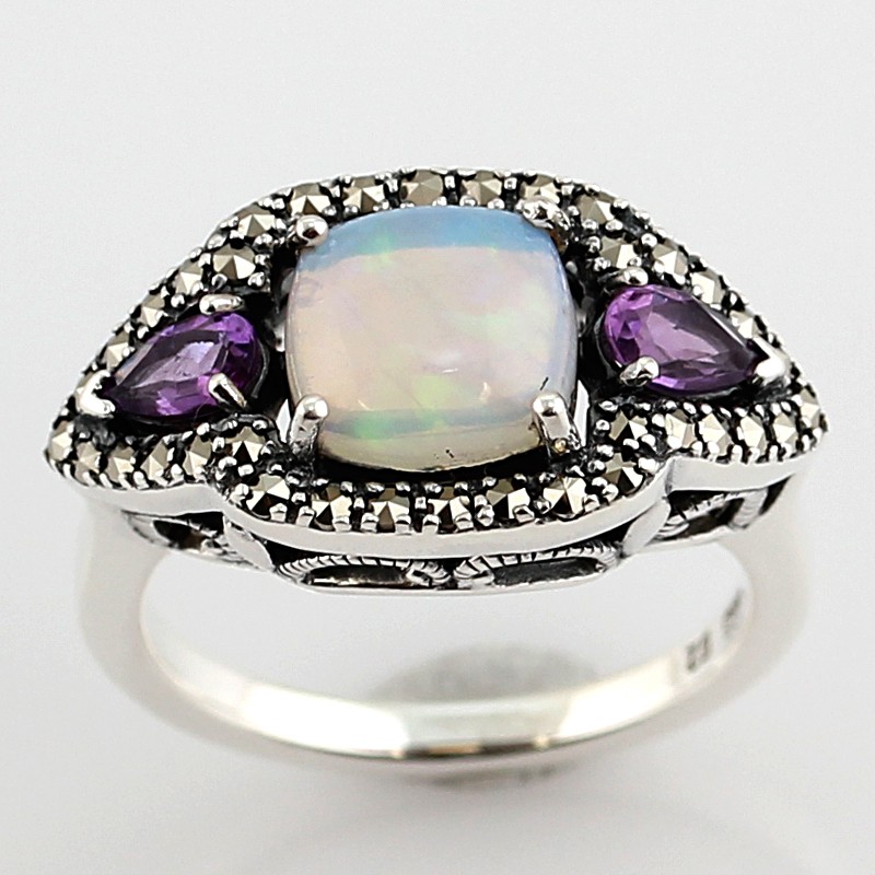 Bague Argent 925 · Améthyste & Opales & Marcassites — vue 2
