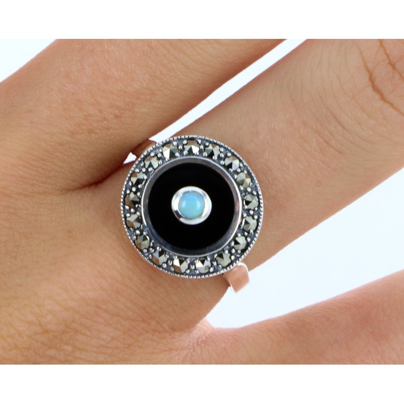 Bague Argent 925 · Onyx & Opale & Marcassites — vue 2