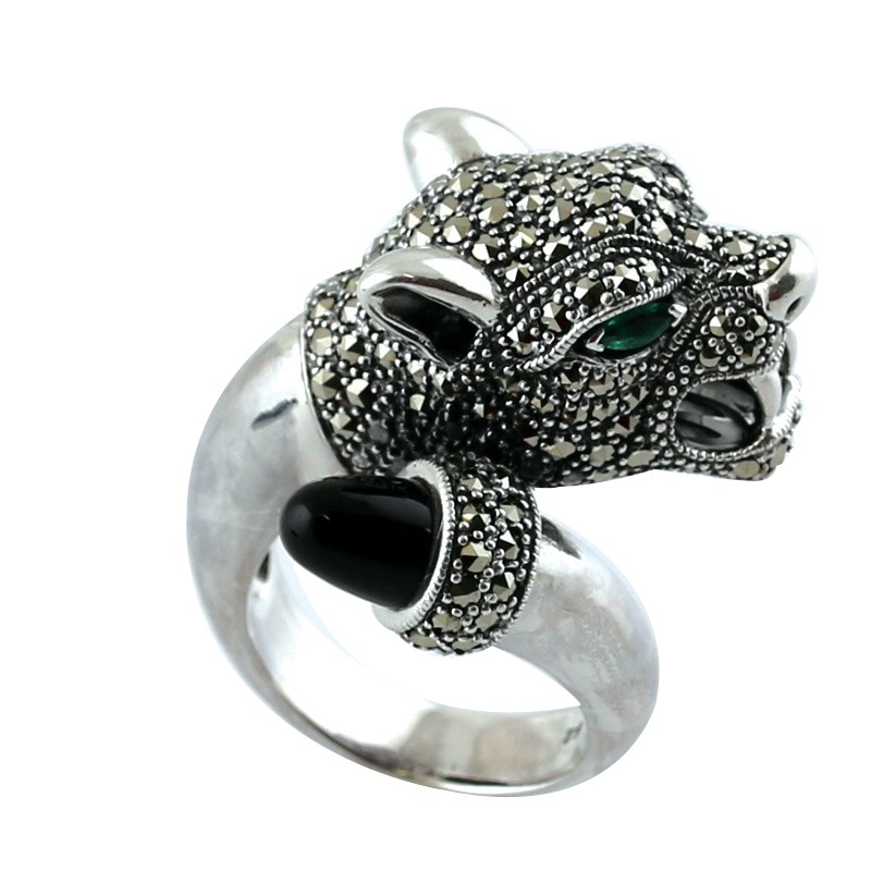 Bague Argent 925 · Onyx & Emeraudes & Marcassites