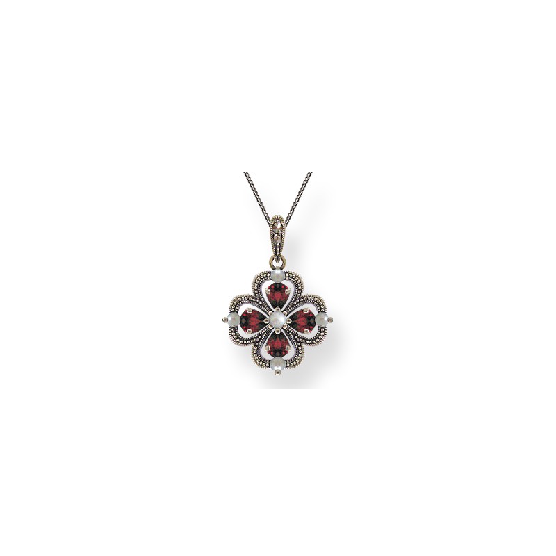 Pendentif en argent 925 · Perle de culture, grenats & marcassites