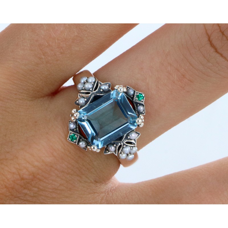 Bague Argent 925 · Topaze Bleue & Perle de lune & Marcassites — vue 2